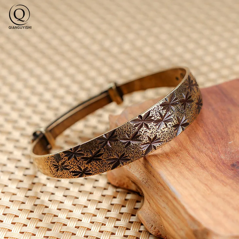 Retro Brass Star lotus Dragon Phoenix Pattern Princess Bangle Classic Pure Copper Open Bracelet Ancient Women Wristband Gifts