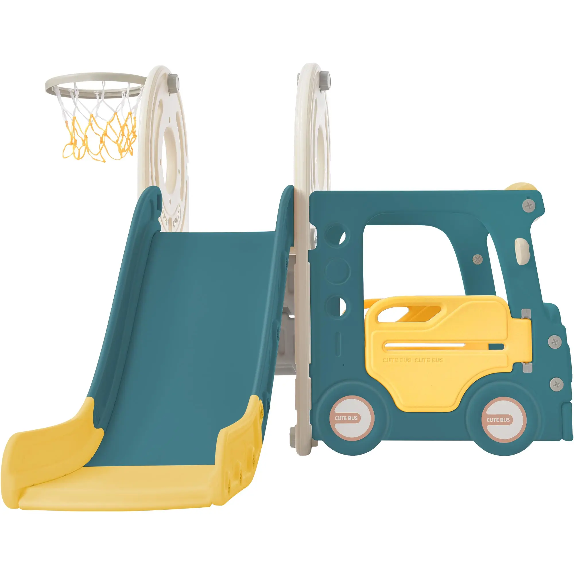 Toboggan avec structure de jeu pour enfants, jouet de bus autoportant avec toboggan pour les tout-petits, ensemble de toboggans de bus avec panier de basket-ball