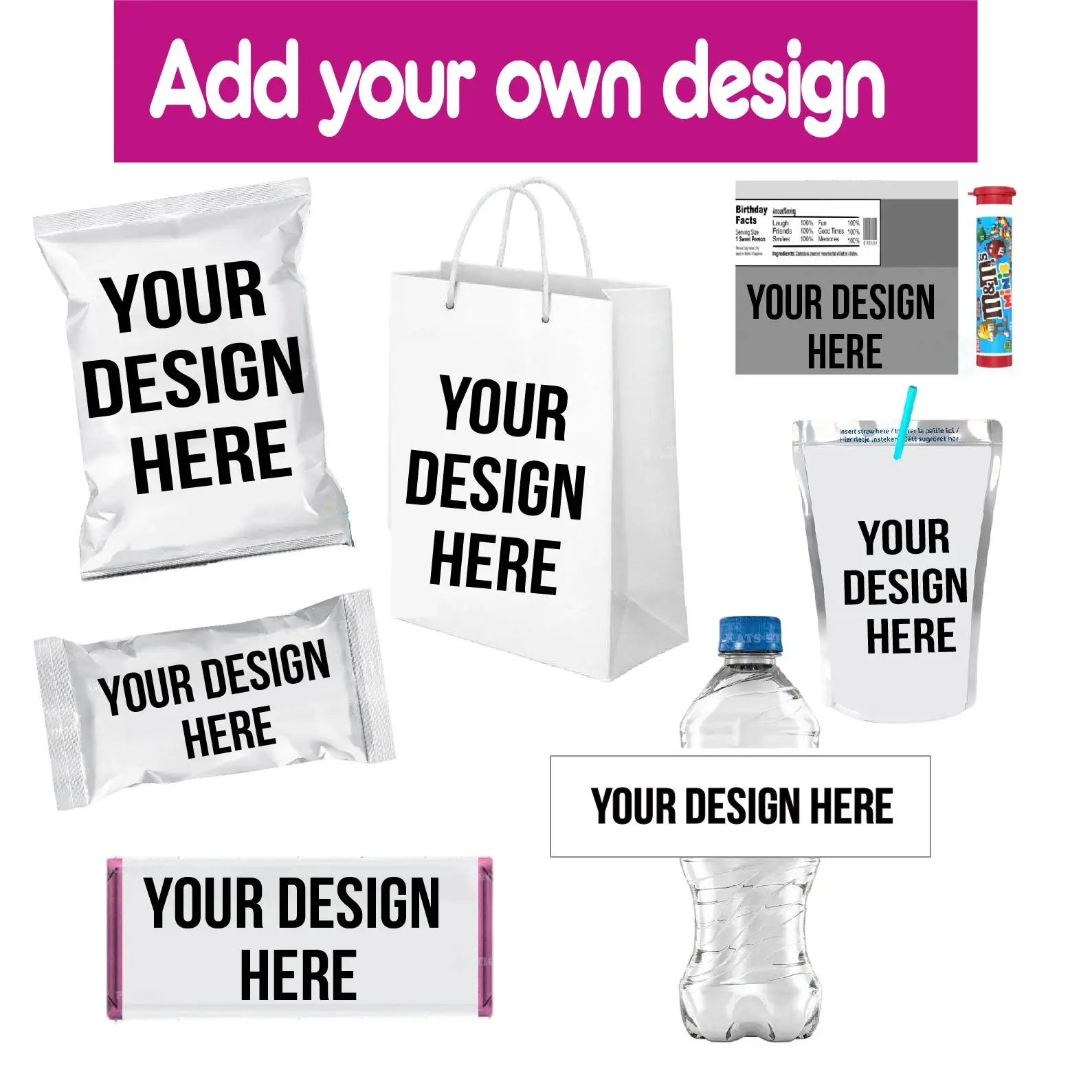 حزمة هدايا شخصية للحفلات، ملصقات مائية، حقيبة رقاقات، صندوق تغليف الحلوى، هدية مخصصة لحفلات أعياد الميلاد، أي موضوع تصميم