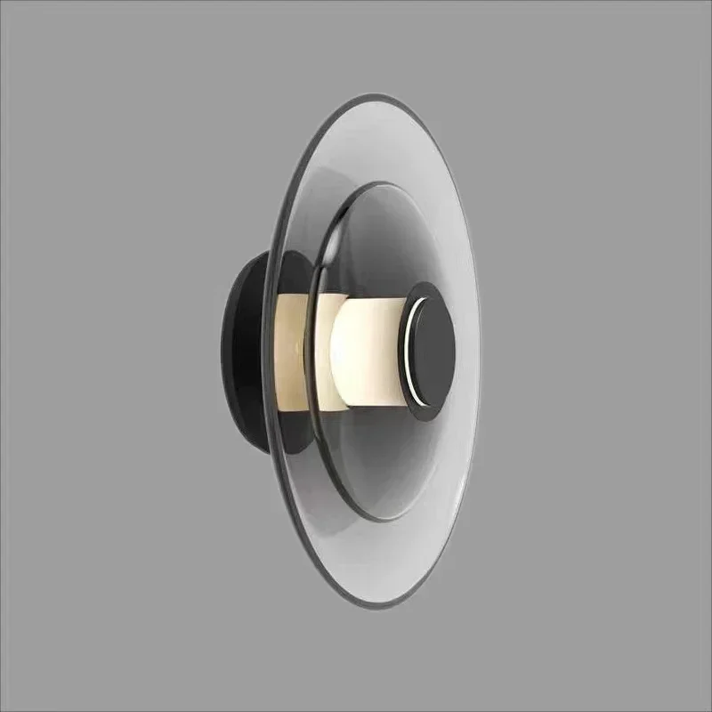 Minimalist Amber Glass Disc Wall Lamp Led Bedroom Living Room Golden Black Indoor Home Decoration Sconce Lighting Fixture