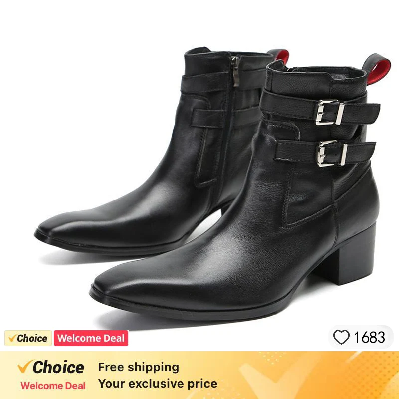 

Double Buckle Ankle Boots for Men Retro Casual Work Safety Boots Red Black High Heels Leather Side Zipper Business Men's Shoes