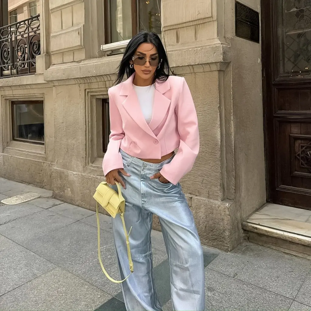 

Women's French Pink Loose Fit Casual Small Suit Autumn Winter Fashion European American Style Wholesale Top