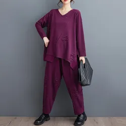 2 Piece Sets Women Long Sleeve Casual T-shirt And Ankle-length Harem Pants New Arrival 2024 Spring Loose Female Pant Suits B3214