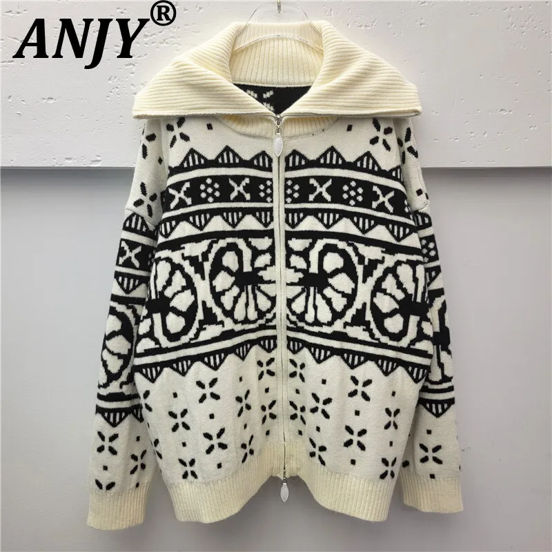 

ANJY Autumn Winter New Women Elegant Fresh Sweater Coat Ins High-End Lazy Design Trendy Versatile Zipper Knitted Cardigan A13168