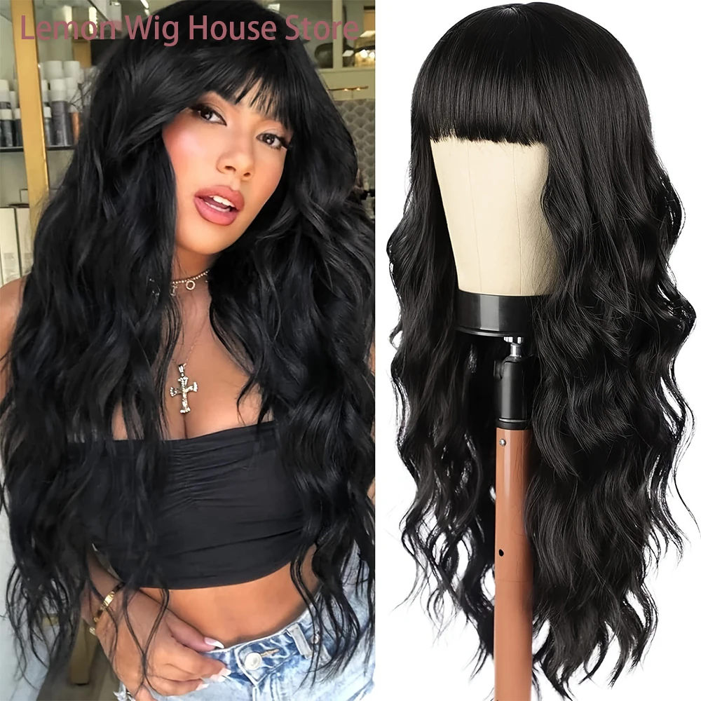 

Black Wave Synthetic Wig with Bangs High Quality Fiber Wig for Women Daily Party Black Long Curly Hair Wigs Heat Resistant