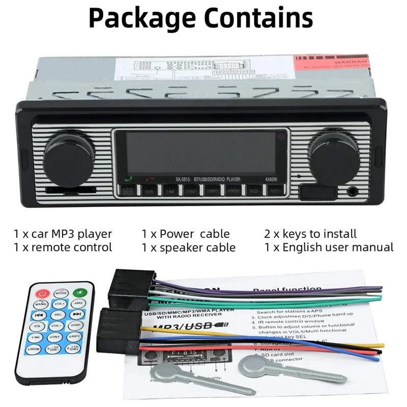 NEW-Auto Car Radio Bluetooth Vintage Wireless MP3 Multimedia Player AUX USB FM 12V Classic Stereo Audio Player Car Electric