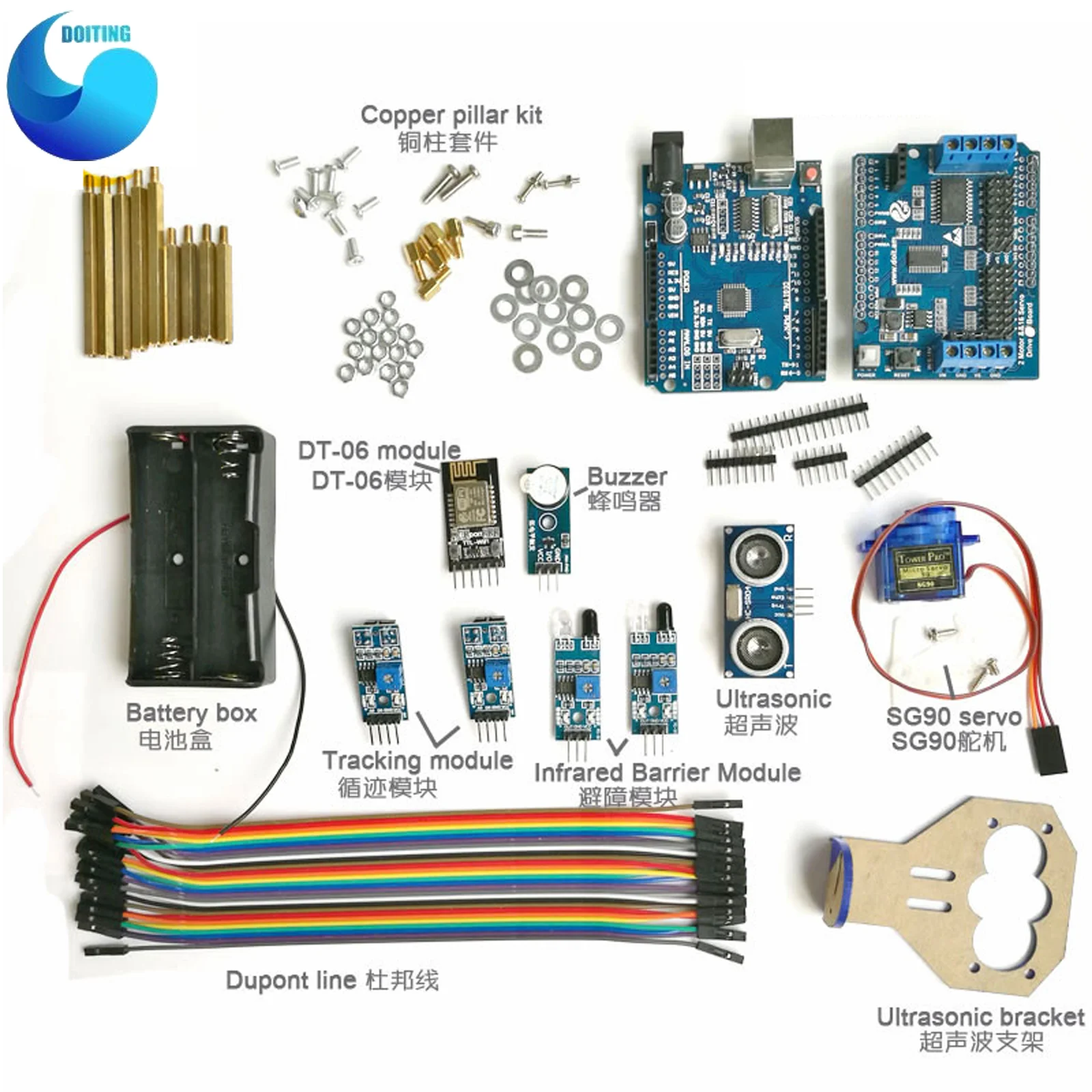 

Wifi Control Kit with Wifi Module+UNO Board+Motor Driver Board+Tracking Module+IR Obstacle Avoidance for Arduino Car DIY Kit