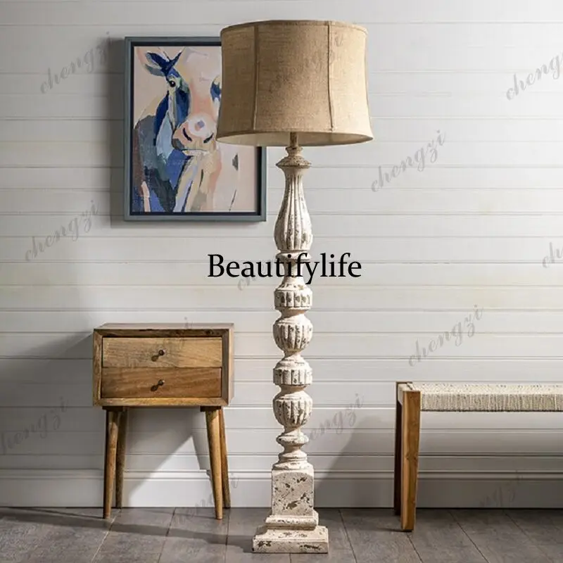 American retro wood carving weathered solid wood old villa living room hotel restaurant light luxury decorative floor lamp