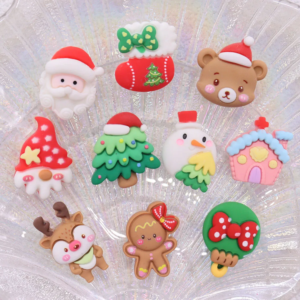 Mix 50pcs Resin Shoe Charms Deer Bear Santa Claus Snowman Socks Christmas House Gingerbread Man Decorations for Bands Bracelets