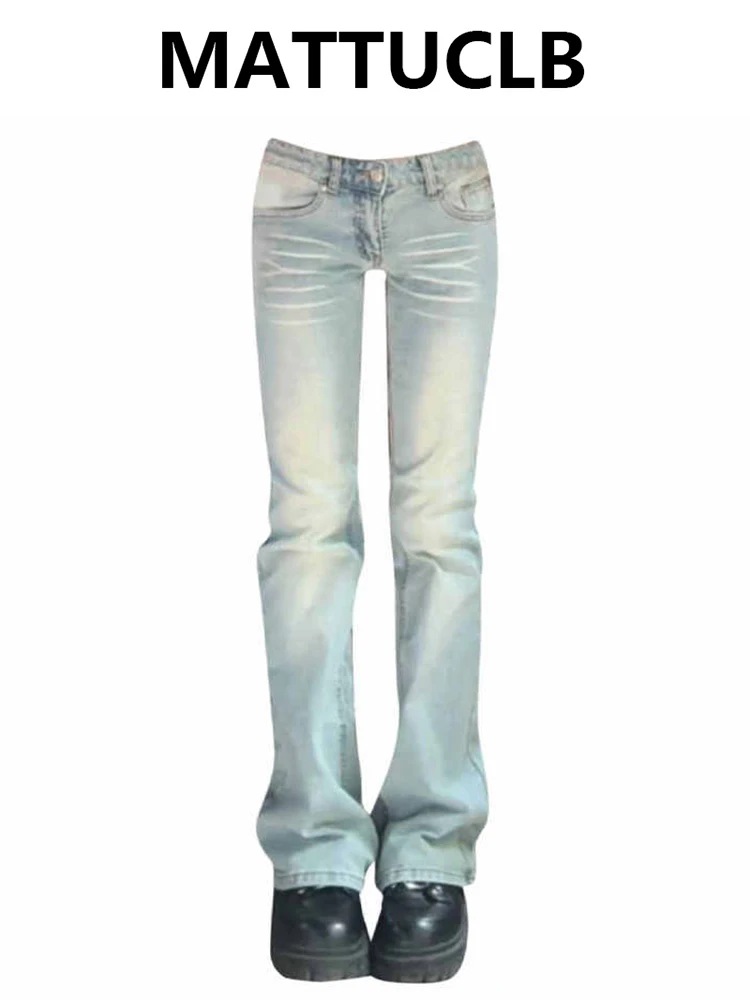 Damskie spodnie jeansowe koreański grunge niski stan wybielane bootcut jeansy niebieskie Abi Y2k dzwonki Harajuku skinny jeansy japońskie elastyczne