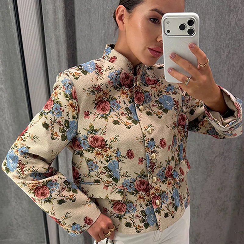 Retro Floral Stand Up Collar Short Woolen Jacket Artistic Autumn Women's Fashion Casual Sports streetwear jacket Top Clothing