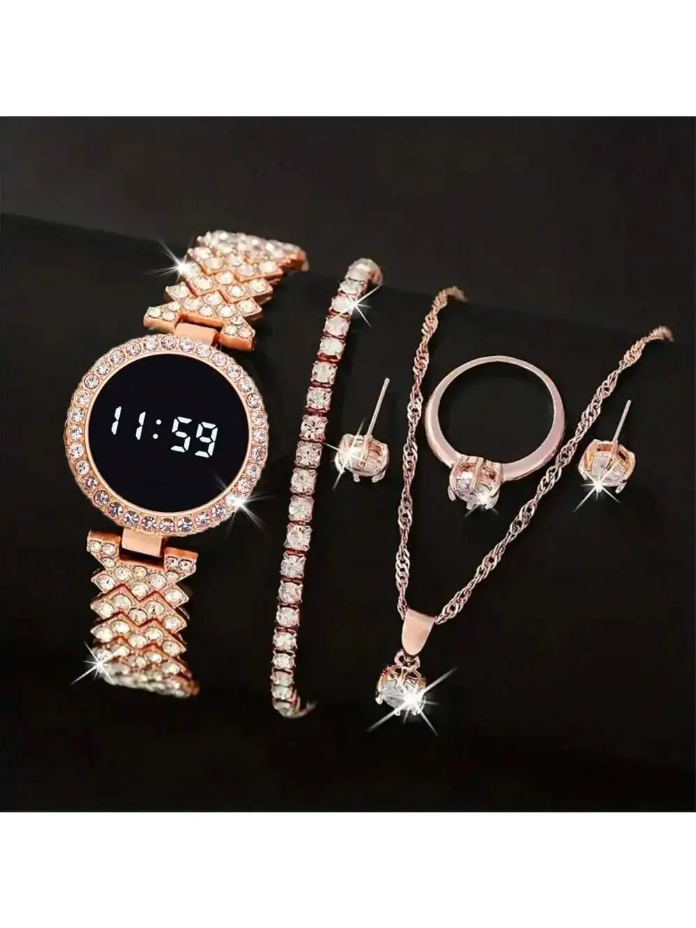 Women Digital Watch 5pcs Set  Fashion Casual Alloy Strap Led Watches FREE Bracelet Ring Necklace Earring