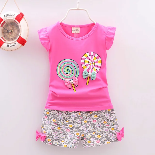 Zestawy ubrań dla dziewczynek dla dzieci T-shirt topy + krótkie spodnie zestawy ubrań maluch dziewczyna Lollipop drukowane letnie zestawy ubrań dla niemowląt
