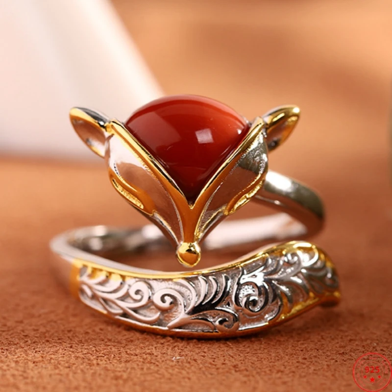 S999 Sterling Silver Rings for Women Men New Women's Fashion Relief Spirit-fox Southred Agate Lapis Enamel Jewelry Free Shipping