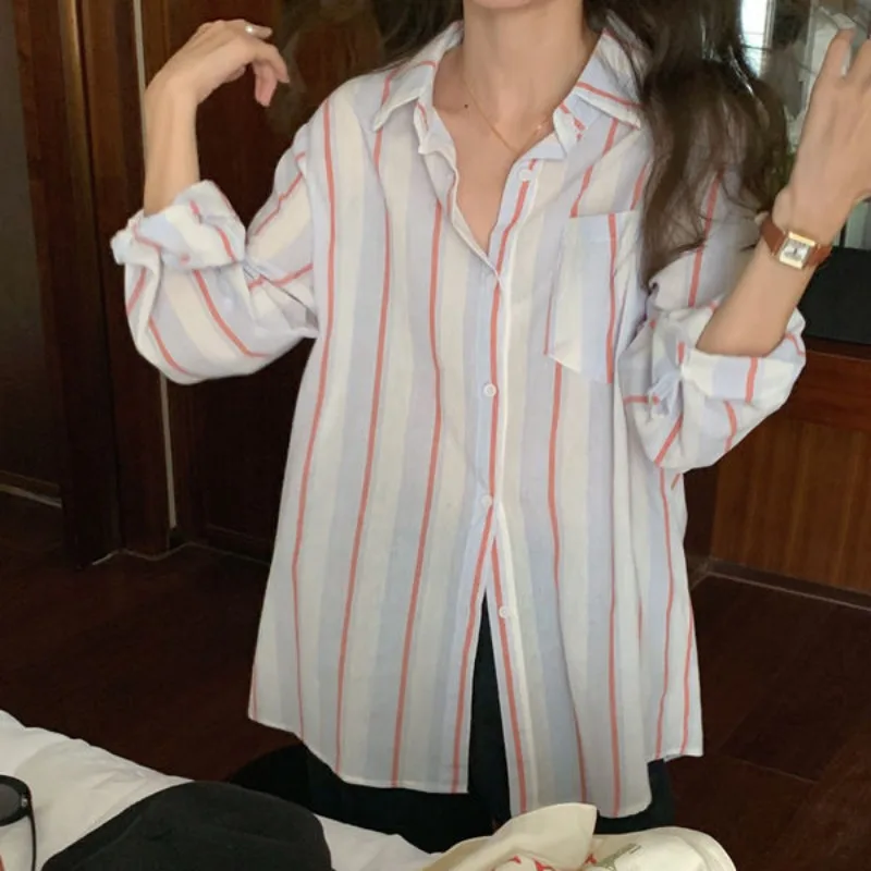 

Свободная женская рубашка и блузка с цветными блоками, простые дешевые стильные корейские стильные современные длинные женские топы высокого качества, акция