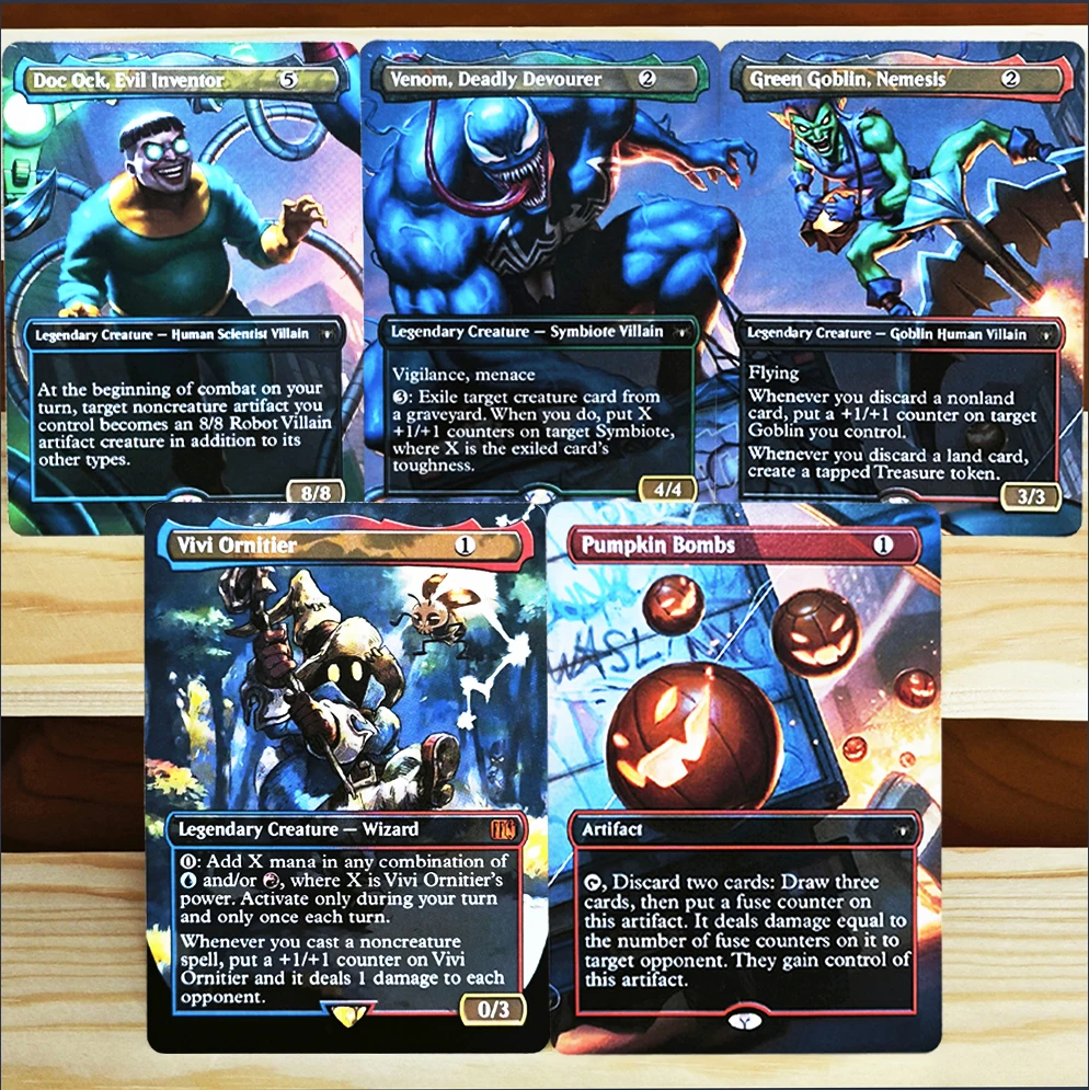 TCG Seltene Exklusive Spiel-Holokarten: Gather-Venom, Deadly Devourer/Green Goblin, Nemesis/Pumpkin Bombs/Vivi Ornitier
