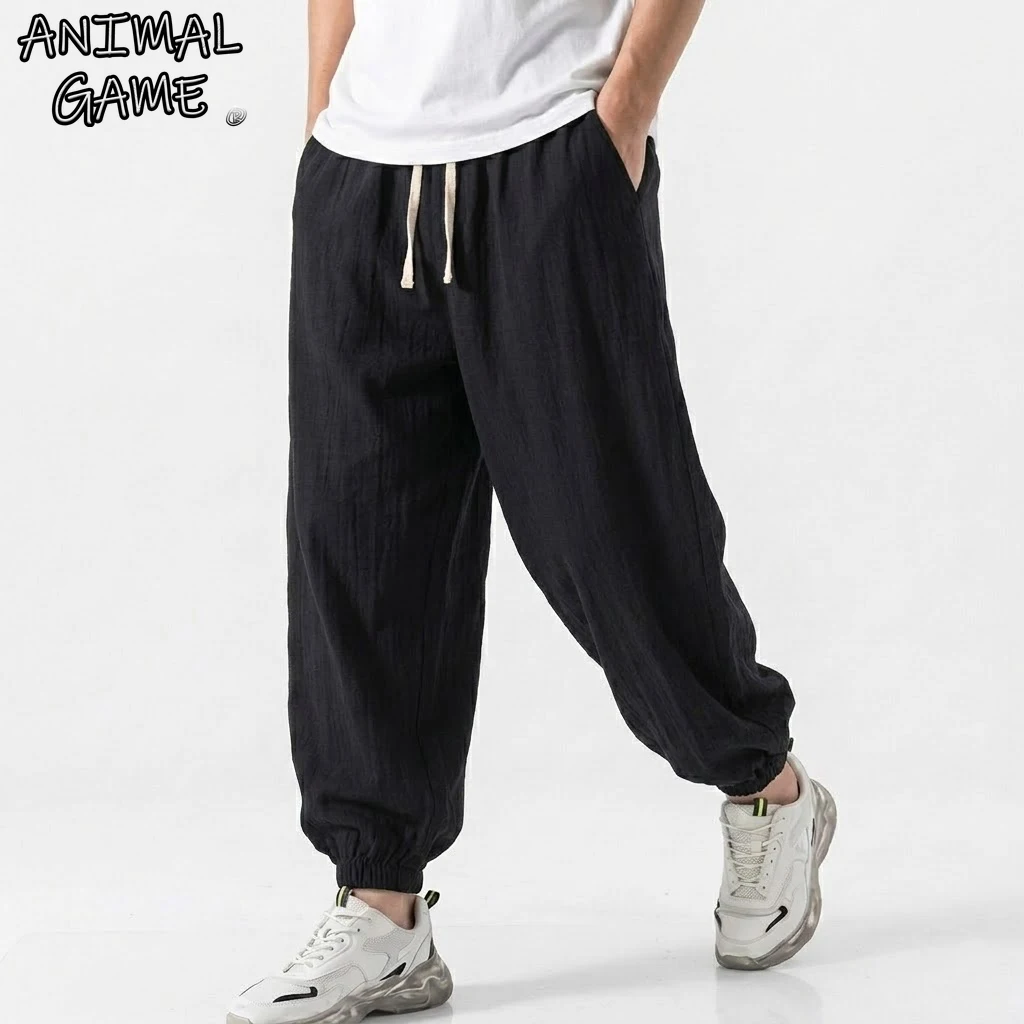 Korean Men's Linen Pants Gym Man Cotton Work Pants Spring Loose Harem Pants Summer Drawstring Casual Streetwear Man Baggy Pants