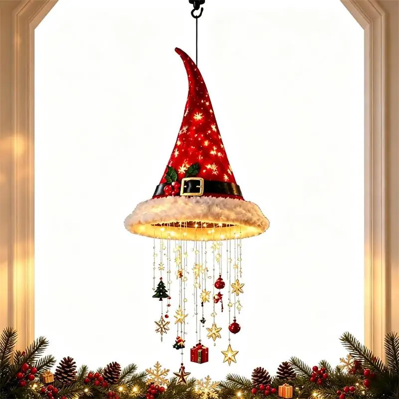 Beleuchtete Weihnachtsmann-Mütze, hängender Kronleuchter, Weihnachtsdekoration, LED-Weihnachtsanhänger, festliche Feiertagslampe, Innen- und Außendekoration. – Detail 6