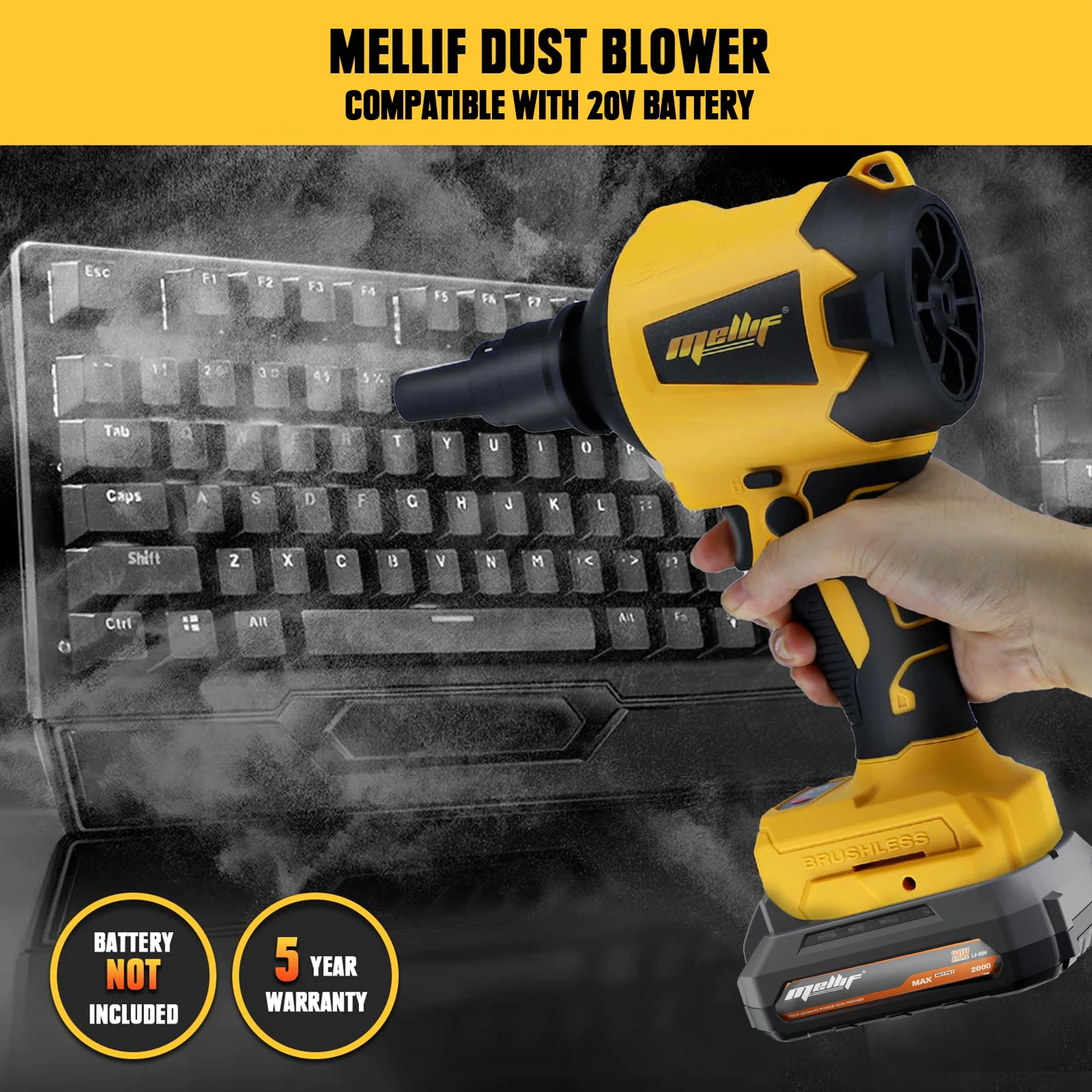 Espanador de ar comprimido de alto volume Mellif compatível com Dewalt 18v 20V para bateria Makita 18v (sem bateria) com luz LED