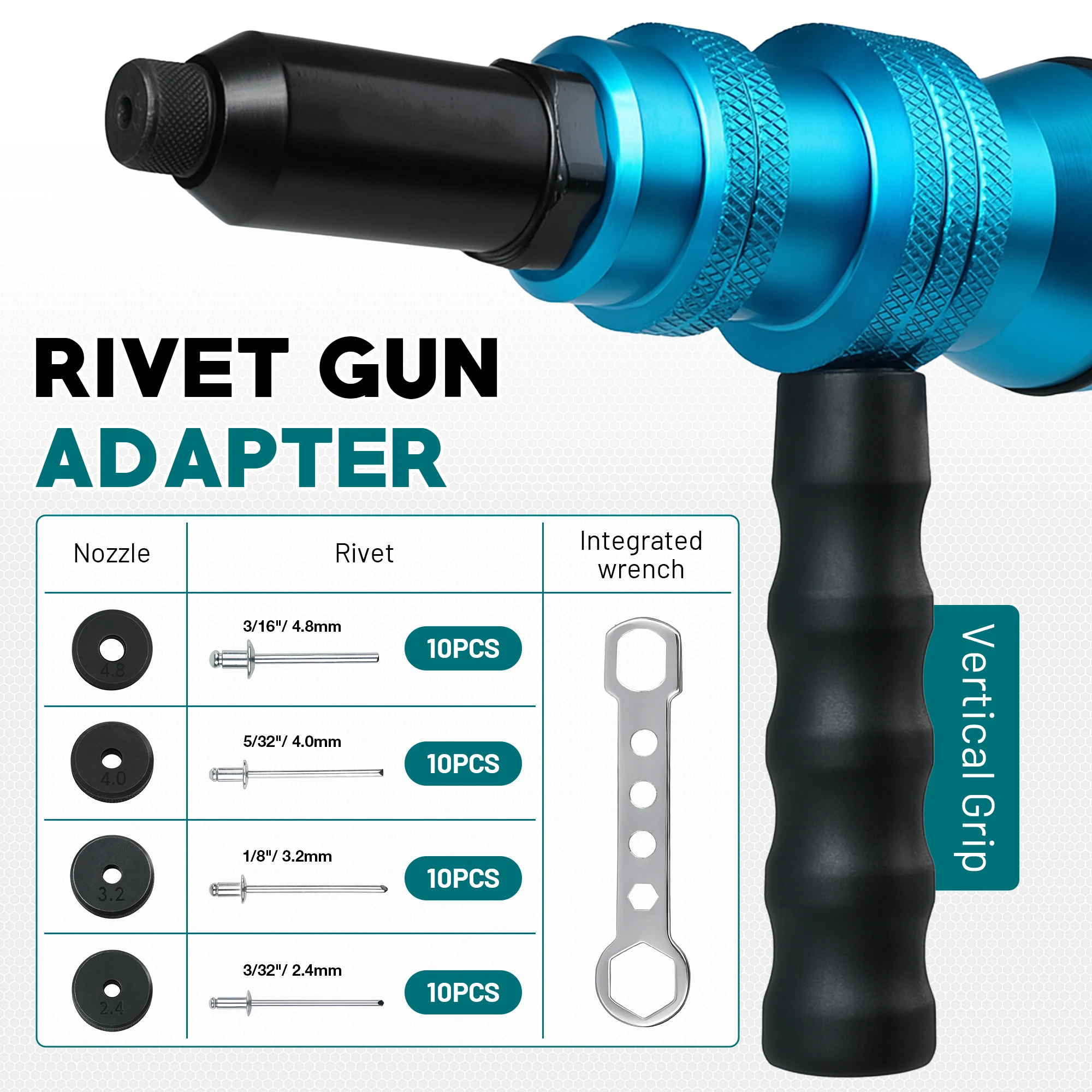 Rivet Gun Adapter for Electric Drill, Rivet Drill Attachment Cordless drill adapter, pop rivets, handle, 3/32" 1/8" 5/32" 3/16", fast riveting for blind rivets, for Automotive - view 3