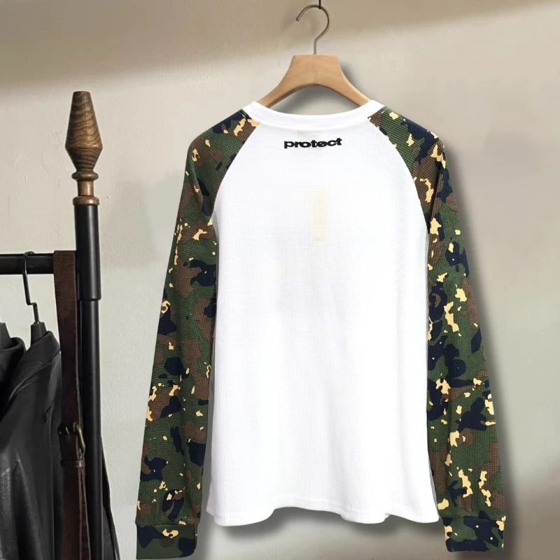 Camouflage White Patchwork Protect Waffle Long Sleeve Tshirt 312 Digital Letter Print Round Neck Pullover Cotton Men Women Tops