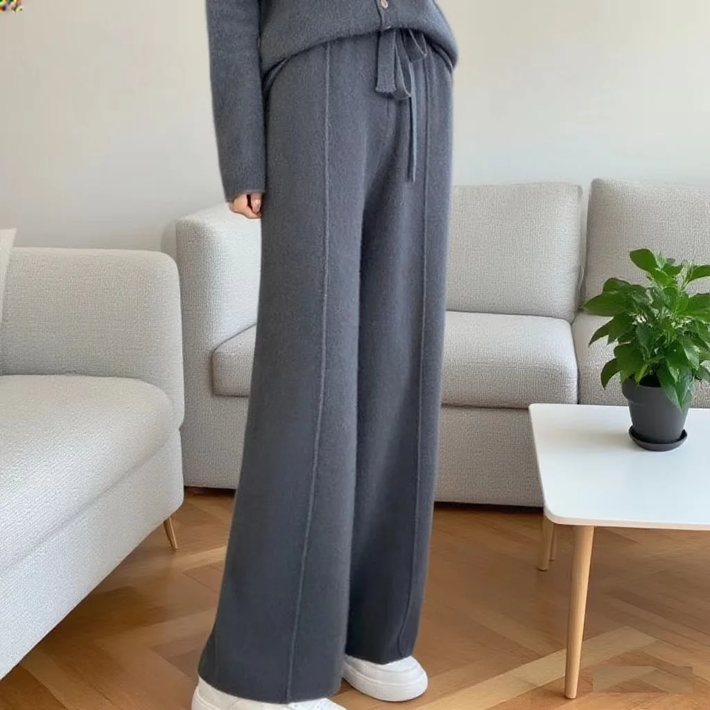 

High Waist Wide Leg Pants Woman Mid-Seam 100% Merino Wool Trousers Floor-Length Autumn Winter Knitted Woman Cashmere Trousers