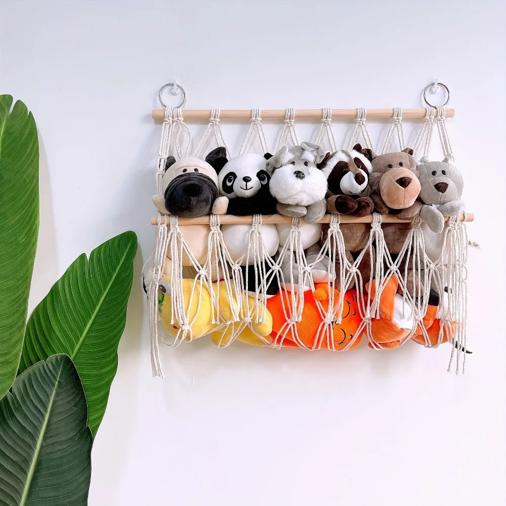 Macrame Stuffed Animal Storage Hammock Wall Hanging Toy Organizer Cotton Rope Net for Nursery Bedroom Towels Plush Toys Holder