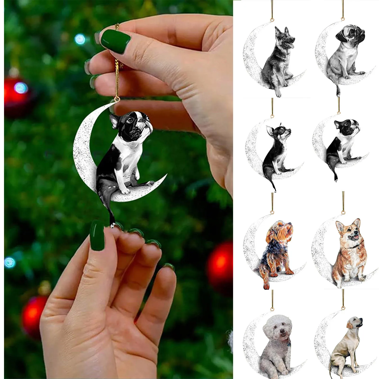 

Christmas Pendant Dog Sitting On The Moon Creative Decoration Double Sided Christmas Tree Pendant Hanging Decoration Pendant