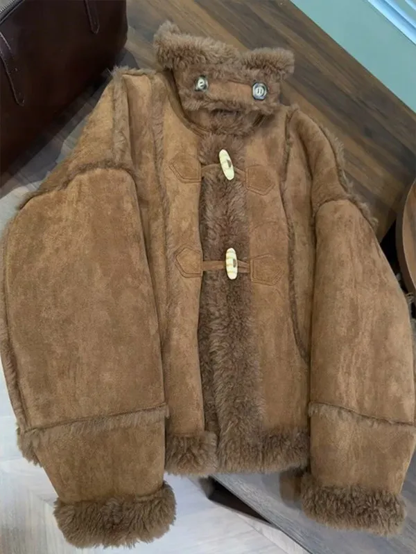 

plus Size Women's ort Brown Stand Collar Lamb Fur Jaet Spring Season Button Detail Leather And Fur Inteation Outerwear