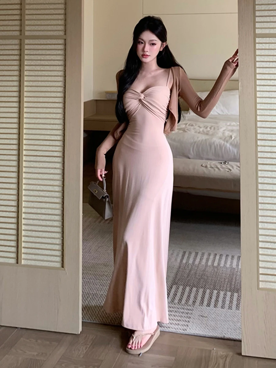 French Style Long Sleeve Wrap Dress And Cardigan Two Piece Set Women's Slim Fit Fashion Ensemble Casual Pure Color Autumn Wear