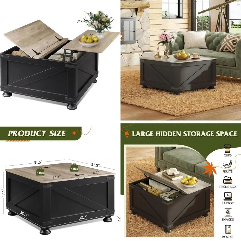 

Lift Top Coffee Table with Storage, 31.5 Square Wood-Grain Design, Flip-Top Hidden Compartment for Home Use