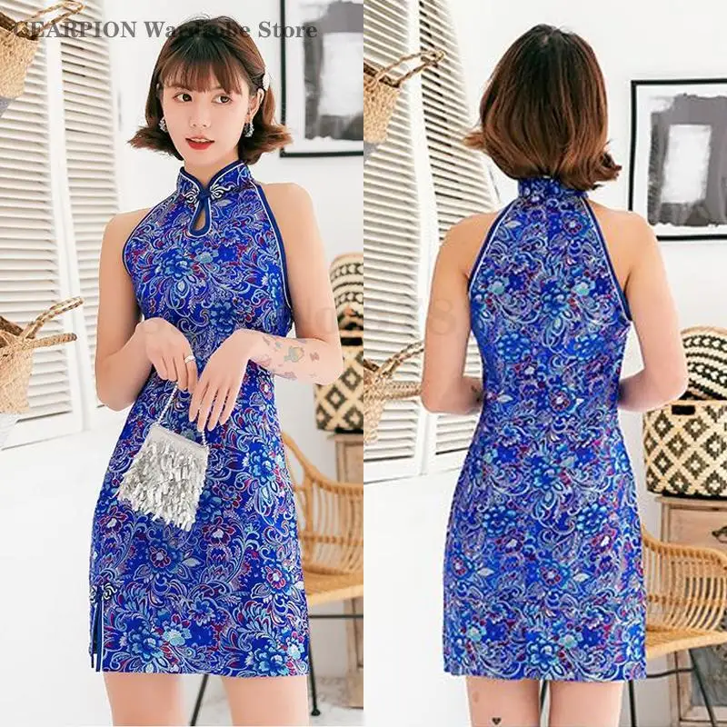 

Women Satin Chinese Traditional Dress Sexy Sleeveless Cheongsam Wedding Party Gown Mini Elegant Vintage Printed Qipao Vestidos