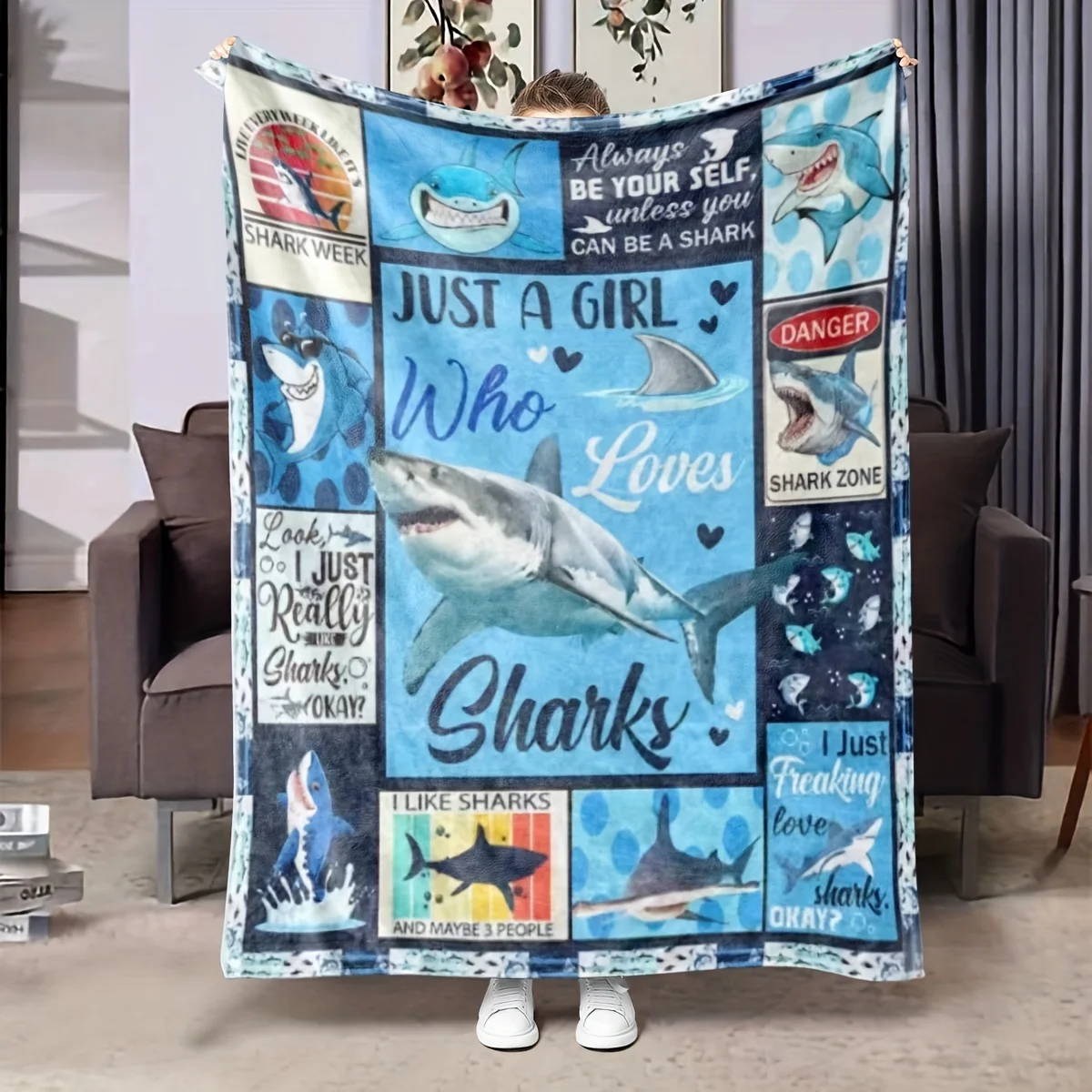 Cute Shark Lover Throw Blanket Nautical Ocean Beach Picnic Blanket Gift for Girls Kids Marine Sea Decor
