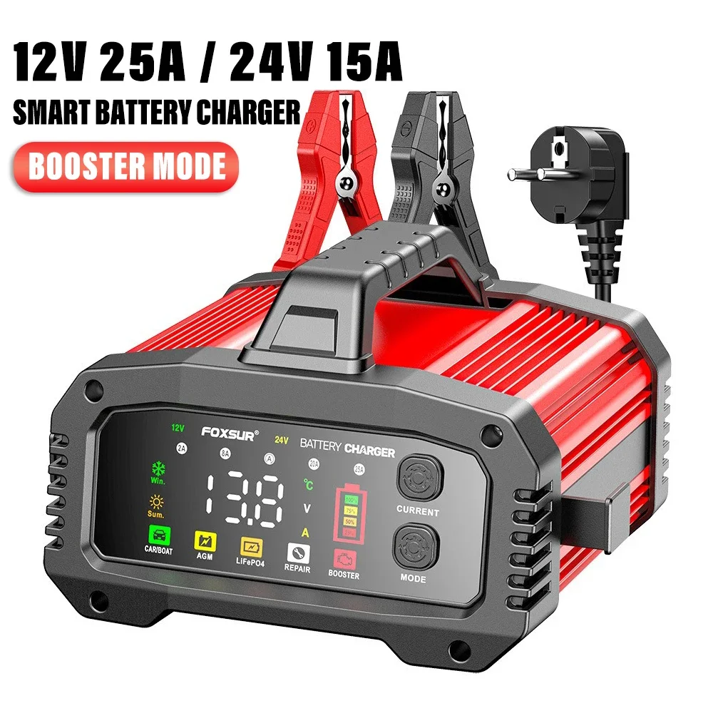 Portable Car Battery Charger 12V-25A 24V-15A Motorcycle Truck AGM LiFePO4 Lead Acid Batteries Auto Pulse Repair with Car Booster