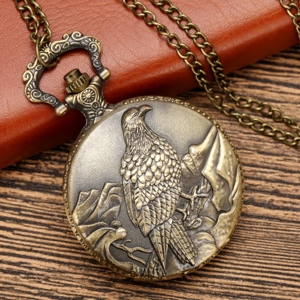 Relógio de Bolso Antique Style Bronze Eagle, Relógio Caçador Completo, Movimento Quartzo, Corrente Colar, 80 cm, Presente para Homens e Mulheres