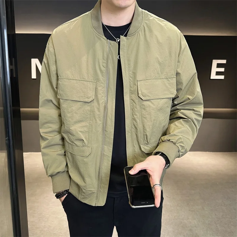 

Faionable Pure Color Men's Baseball Collar Jaet Spring New Sle Versatile Sli Outerwear Cotton Blend Fabric Long Sve