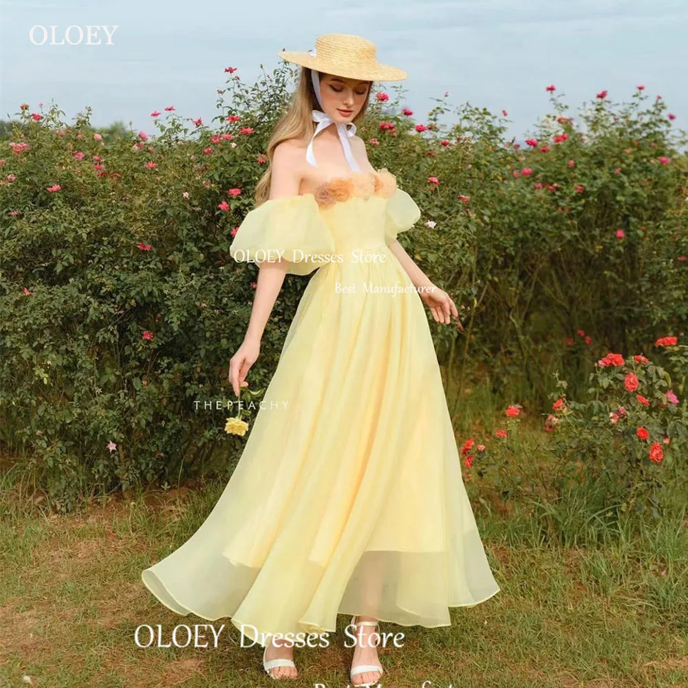 

OLOEY Pastrol Light Yellow Organza A Line 3D Flower Tiered Evening Gown Dress Strapless Ankle Length Short Sleeve Prom Gowns