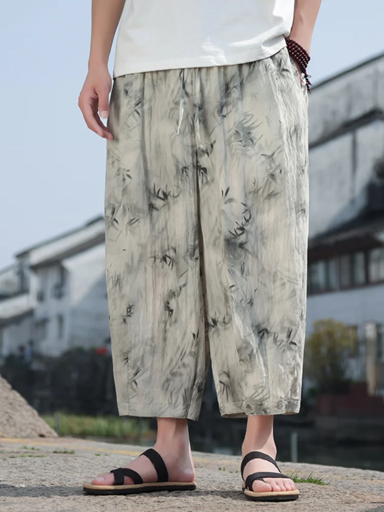 

New Chinese Sle Men's Summer Loose Lantern Pants Ice Silk Nine Points Baggy Trousers Water-Mark Printing Casual Faion