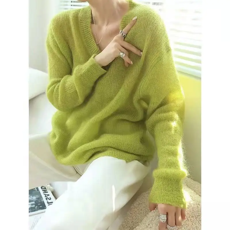 Sexy V Neck Long Sleeve Women Sweaters Soft Spring Autumn Jumpers Fashion Harajuku Oversized Hollow Out Green Knitted Pullovers