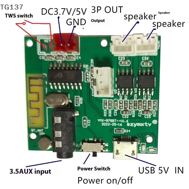 5V 3.5AUX Wireless 5W+5WTWS Power Amplifier Board Multifunction Speaker DIY 5.2 BT Module PCBA Board