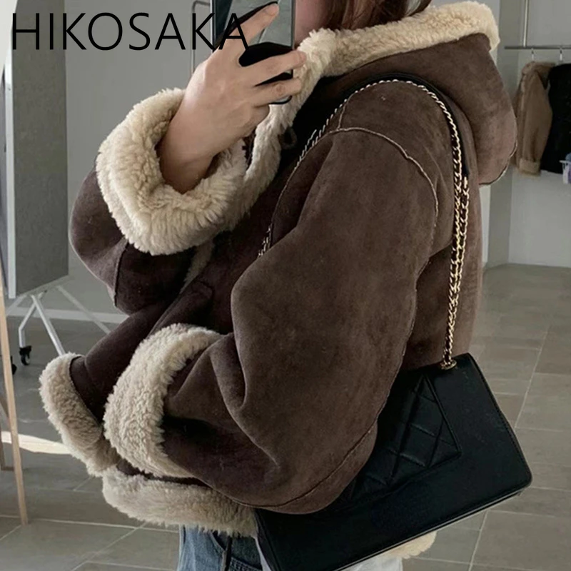 2024 Winter New Korean Casual Short Jacket Thick Warm Lamb Wool Fur All-in-one Coats Horn Button Long Sleeve Hooded Outwears