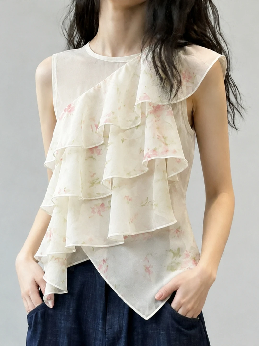 Sweet Floral Print Sleeveless Vest Summer Sun Protection Lace Trim Design Fashionable Top Beautiful Small Shirt Women's Fashion