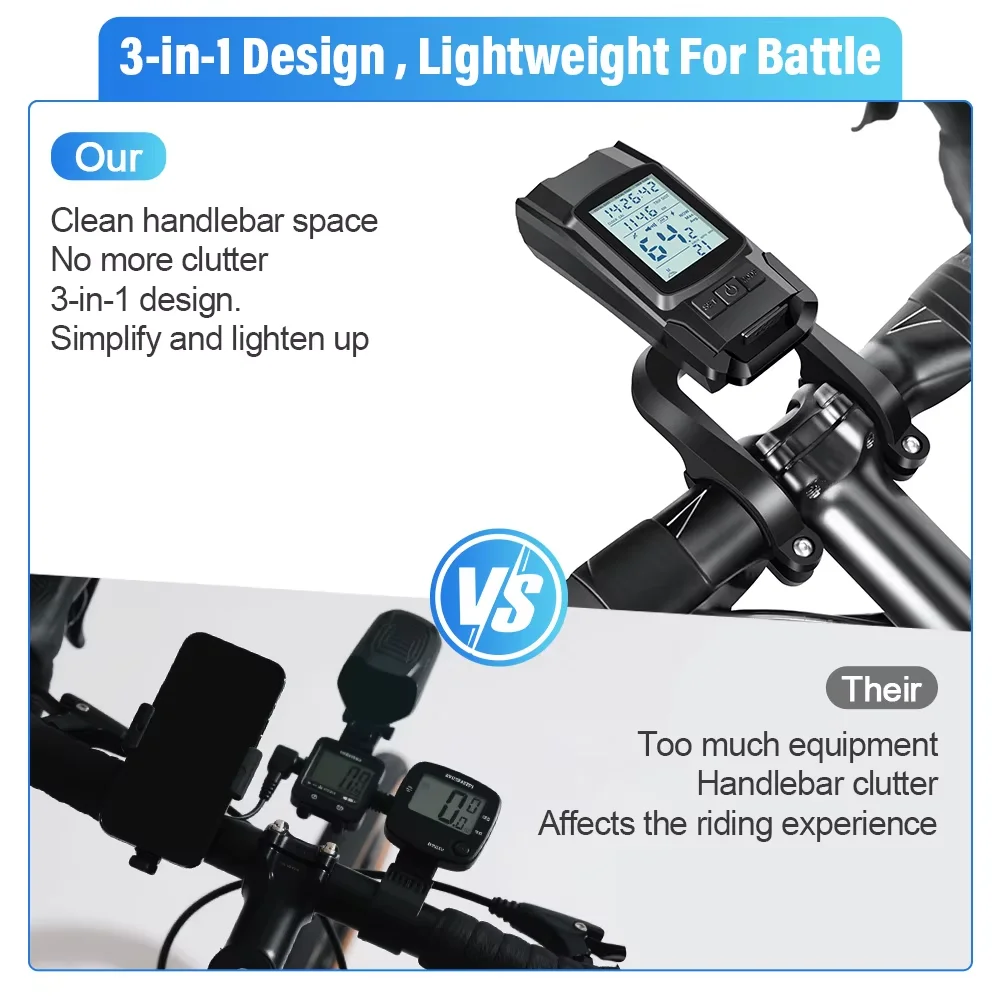 Bike Headlight GPS Speedometer Horn 3 in 1 Multifunctional Rechargeable Bicycle Front Lamp Cycling Computer MTB Bike Accessories