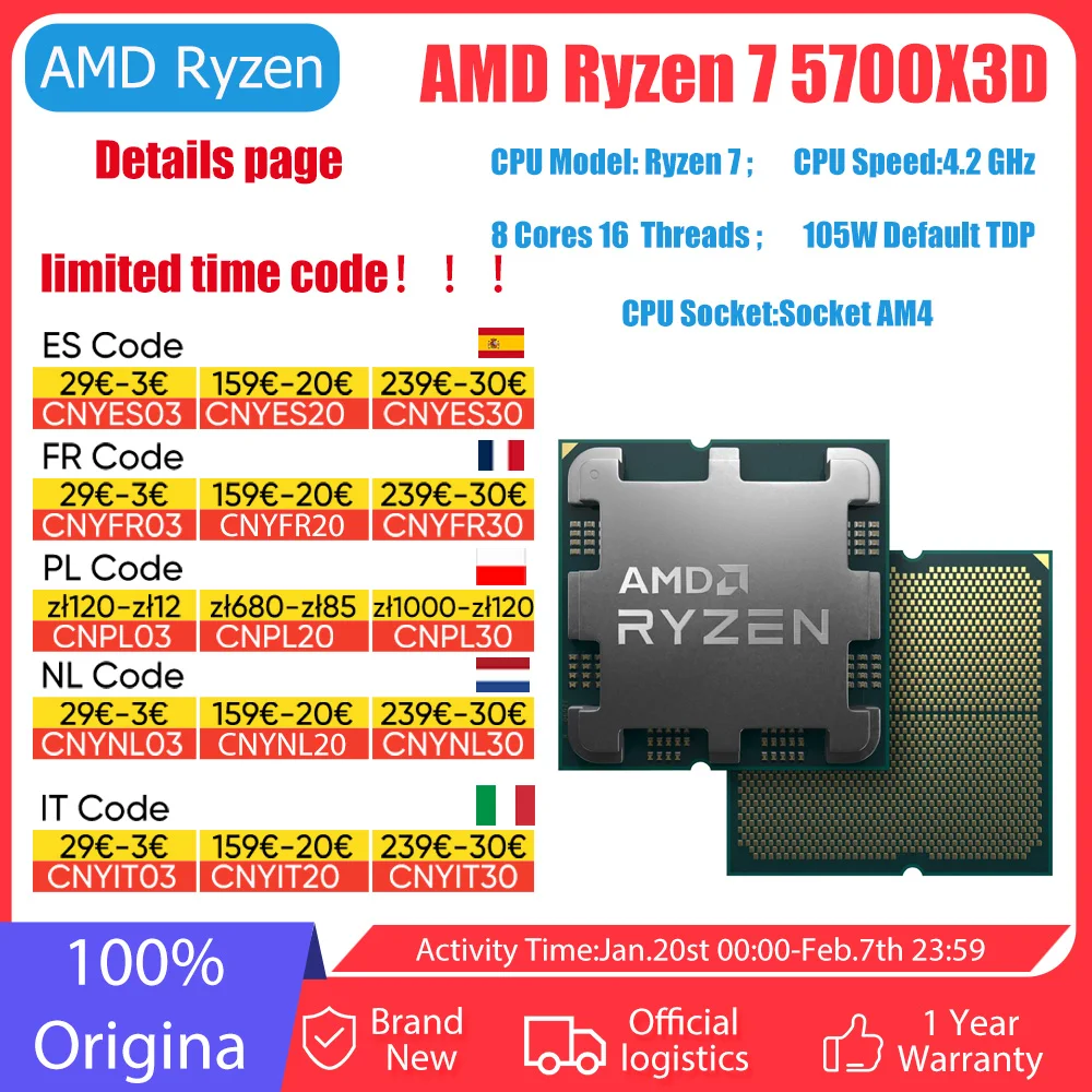 AMD Ryzen 7 5700X3D Original R7 5700X3D 8-Core 16-Thread 4.1 GHz 3.0 GHz AM4 Socket CPU Processor Gaming Desktop PC Without Fan