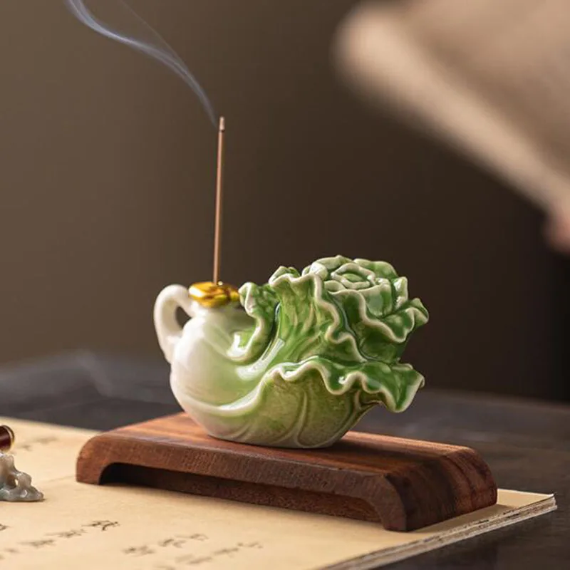 Porcelain Chinese Cabbage Stick Incense Holder Baicai Wealth Aromatherapy Burner Fragrance Censer Office Indoor Home Decor