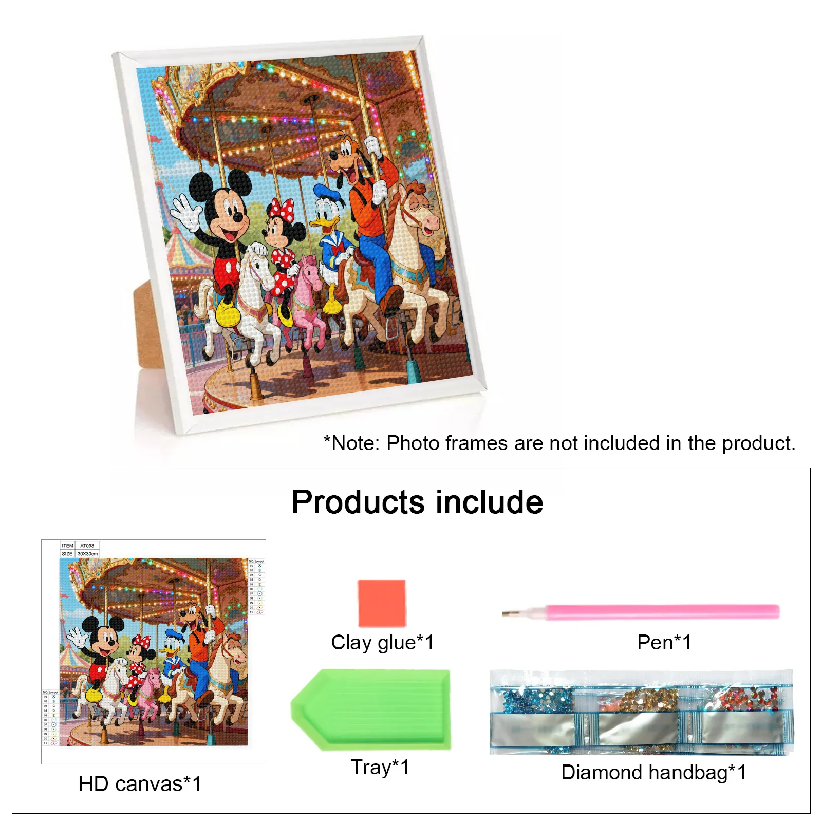 Kit de peinture diamant 5D à perceuse complète, bricolage, Disney Mickey Mouse Minnie Mouse Donald Duck Goofy Friends sur scène de carrousel, strass, 1 pièce