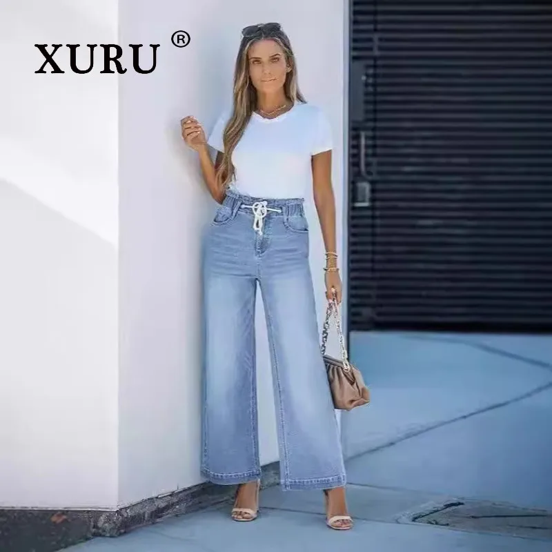 

XURU - New Women's High Elasticity Waist Horn Jeans, Y2k Clothing Loose Light Blue Wide Leg Long Jeans, Men's Pants