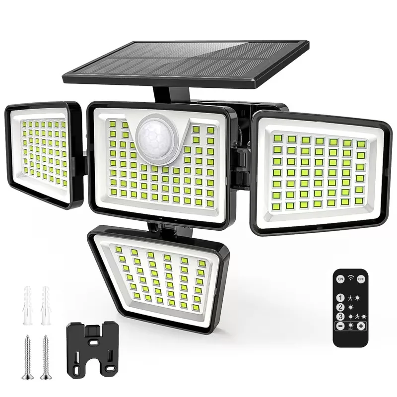 Solar Outdoor Lights 300 LED, IP65 Waterproof Motion Sensor Outdoor Lights, 4 Heads Solar Security Flood Lights for Garden Yard