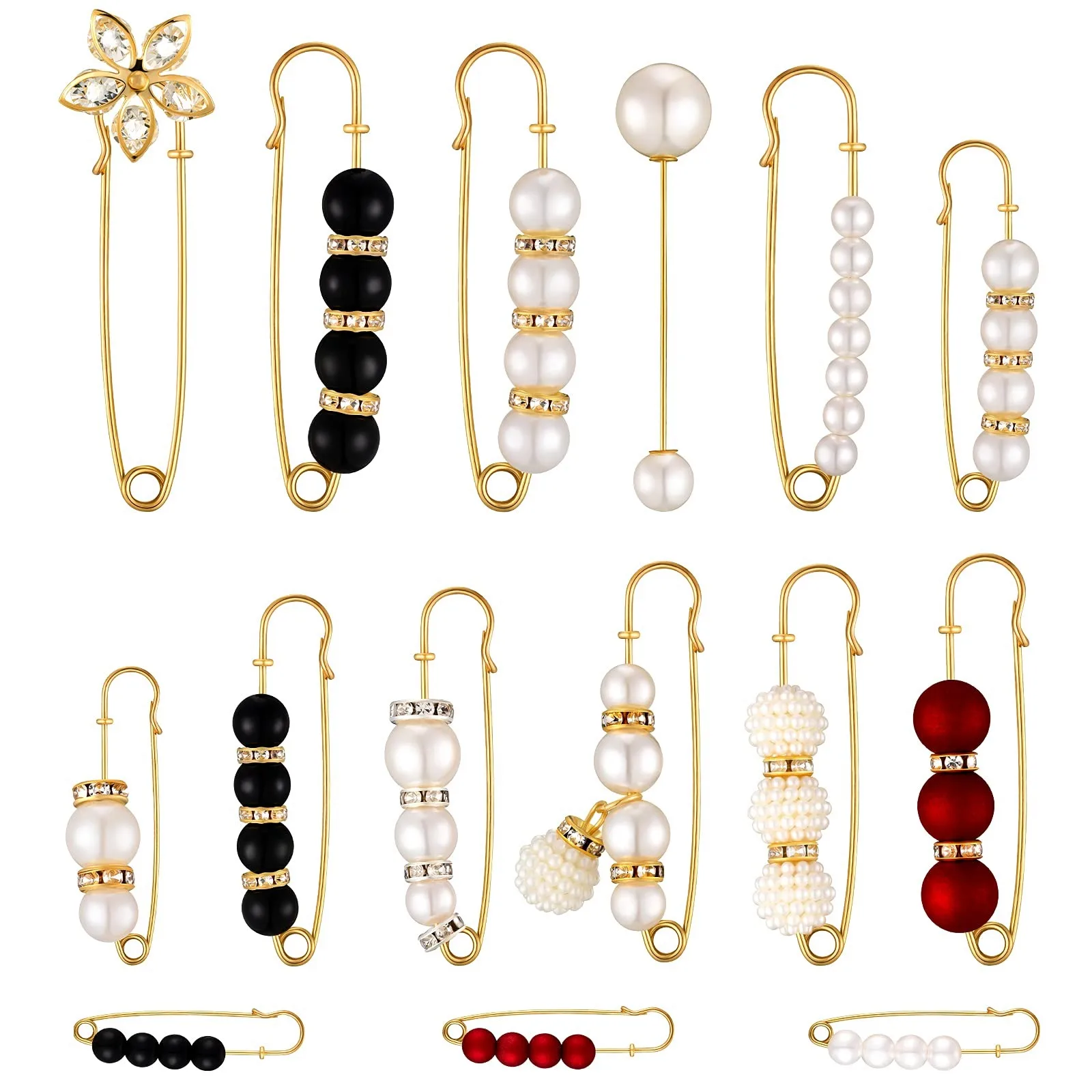 15Pcs Sweater Clips Heavy Duty Safety Pins Faux White Pearl Brooch Pin Dress Clip Hat Shawl Pin Rhinestone Enamel Pins