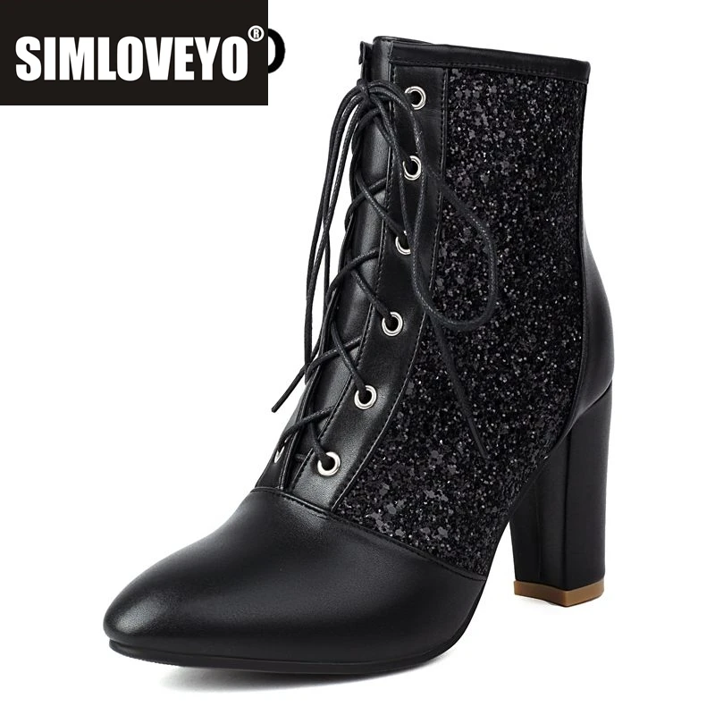 

SIMLOVEYO женские ботильоны с острым носком на массивном каблуке 8,5 см, большой размер 46 47, модные свадебные ботильоны для свиданий со шнуровкой